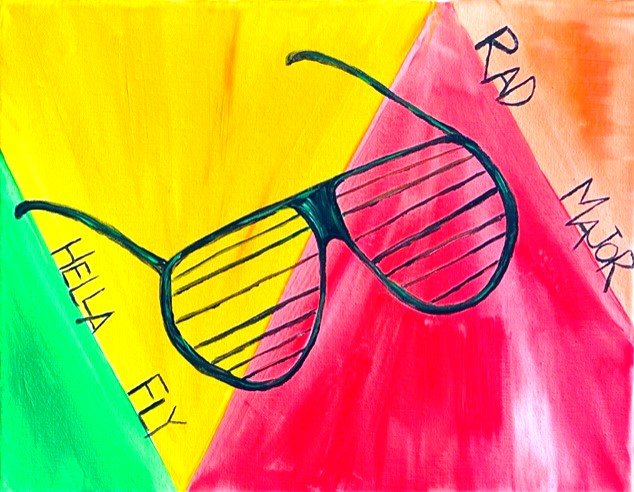 A painting with 80s style glasses on a green, yellow, red, and orange background.